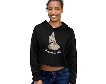 Buddha Crop Hoodie Happiness Lies Within - streetwear, yoga, workout, paddle board, pickle ball, lounge