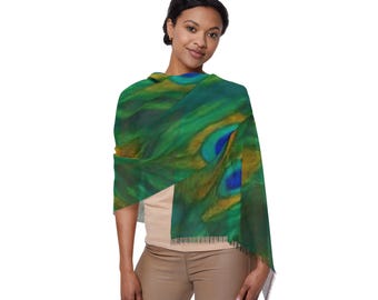 Peacock Feather Pattern Light Scarf | Green Blue Feather Design Scarf