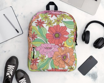 Backpack retro 60’s/70’s style flowers gift for adults or kids books and stuff, fun pop of color, style and function