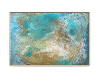 Teal and Gold Original Abstract Painting Matte Canvas, Framed | 60x40 Wall Art