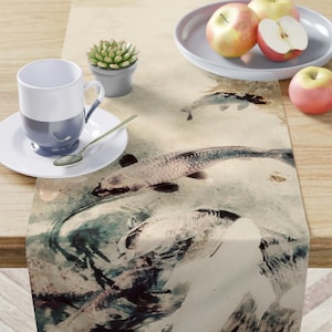 Koi Fish Beige Watercolor Table Runner - Home Decor for Entertaining, Kitchen, Dining Room, Housewarming Gift, Mothers Day Gift, Chef Gift