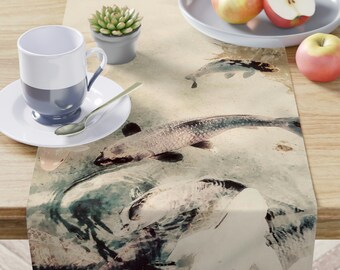 Koi Fish Beige Watercolor Table Runner - Home Decor for Entertaining, Kitchen, Dining Room, Housewarming Gift, Mothers Day Gift, Chef Gift