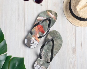 Koi Fish Flip Flops - Muted Gray Pop of Orange Koi Fish Velvety Soft Flip Flops for Beach, Summer, Lounging at Home