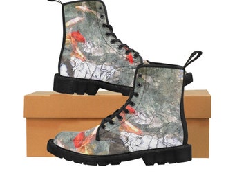 Women's Canvas Boots - Boho Boot/Grey with Pop of Orange/Koi Fish Boot/Combat Boot Grey and Orange/Original Art Design/Back to School