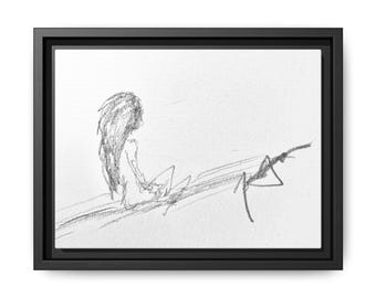 Canvas Wall Art, Original Abstract Black and White Sketch of Girl Sitting in Silence, Serene Home Decor, Meditative Art Print, Quiet