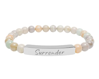 Surrender Engraved Bar Natural Stone Bracelet | Stretch Beaded Bracelet