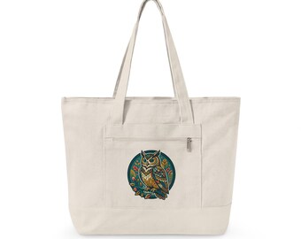 Vintage Owl Illustration Zippered Canvas Tote | Nature Boho Bird