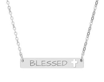 Blessed Cross Bar Necklace, Engraved Religious Pendant