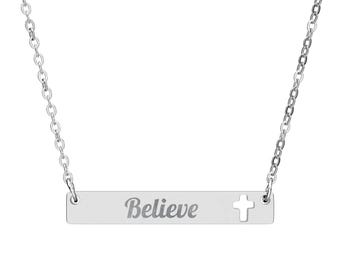 Believe Cutout Cross Bar Necklace | Engraved Cross Pendant