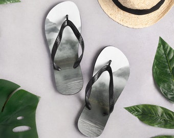 Grey and Black Foggy on the Sound Flip-Flops for Summer