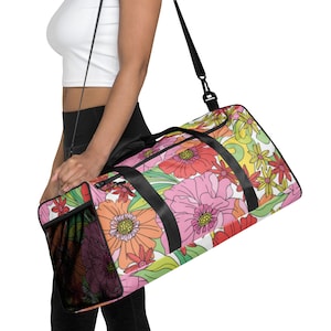 Bolsa de lona Diseño floral inspirado en los años 60/7 para yoga, entrenamiento, pickleball, viajes, paddleboard, fin de semana, bolsa de viaje, regalo