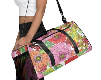 Duffle bag Retro 60’s/7-‘s inspired flower design for yoga, workout, pickleball, travel, paddleboard, weekender, go bag, gift