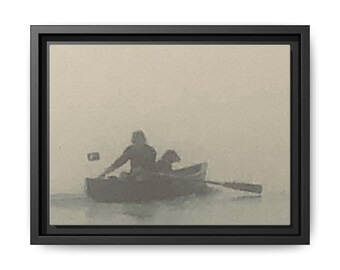 Canvas Wall Art, Man and Dog in Rowboat Serene Ocean Lovers, Matte Picture Print, Framed Home Decor, Multi-Color Hanging Painting, Boat