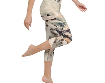 Yoga Capri Leggings Beige Koi Fish for Yoga, Workout, Paddleboard, Walking or Lounging - Curated for Comfort