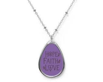 Hope Faith Love Oval Necklace | Inspirational Pendant, Purple Enamel