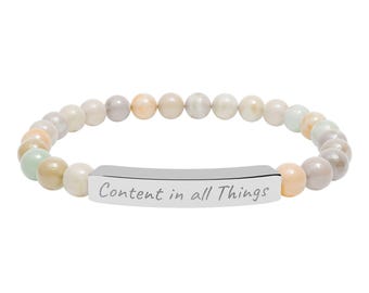 Content in All Things Natural Stone Stretch Bar Bracelet | Engraved Scripture Reminder