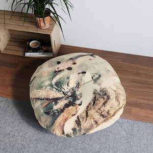 Koi Fisch Art Beige getuftetes Bodenkissen, rund - Wohnkultur für Schlafzimmer, Wohnzimmer, Büro, Babyzimmer, Einweihungsgeschenk