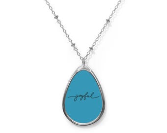 Joyful Script Oval Necklace | Teardrop Pendant, Silver Chain