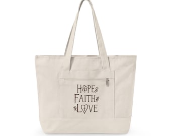 Hope Faith Love tote | Canvas Zippered Tote, Inspirational Cross Heart Design