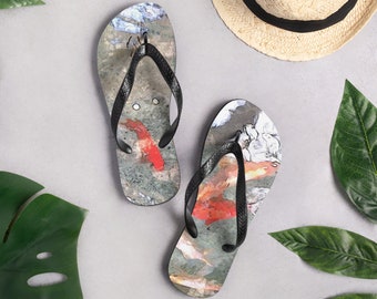 Koi Fish Muted Grey with Pop of Orange Flip-Flops for Summer Gift, Summer Wear, Beach Day, House Day