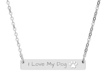 I Love My Dog Paw Cutout Bar Necklace | Engraved Pet Pendant