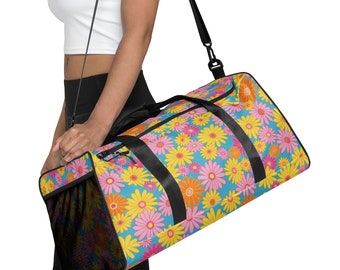 Duffle bag retro 60’s/70’s style flowers great gift for yoga, pickleball, workout, travel, vacation, paddleboarding, go bag