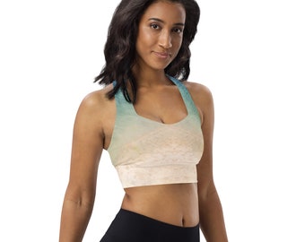 Beige with Hint of Aqua Seascape Sports Bra, Super Support, Super Comfort for Yoga, Running, Walking, Workout, All Occasion