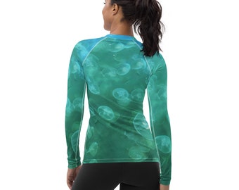 Teal Blue Jellyfish Women's Rash Guard/Aqua and Green UPF 50 Long Sleeve Beach Wear/Pair with JellyFish bikini/paddle board and surfwear