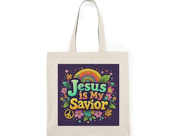 Jesus is My Savior Tote Bag: Colorful Christian Reusable Shopping Bag