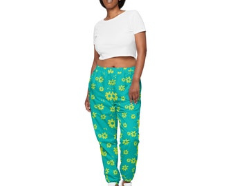 Flower Power Unisex Aqua track pants - Feel Good, Fun Fashion for all - Give the gift of fun and comfort :-)