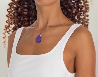 LOVE Heart Teardrop Oval Necklace | Purple Pendant, Silver Chain