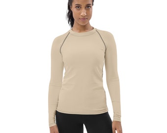 Champagne Beige Women's Rash Guard UPF 50 for yoga, paddle-board, surfing, camping, walking, warmth & sun protection