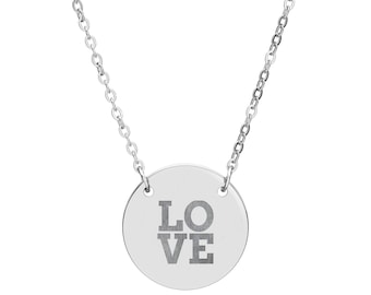 LOVE Engraved Circle Necklace | Round Pendant, Personalized Engraving