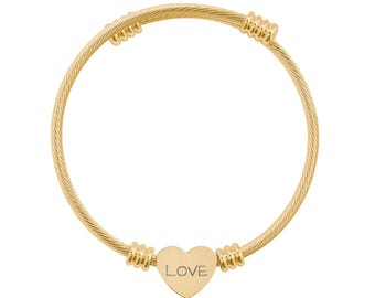Engraved LOVE Heart Cable Bangle, Stainless Steel Cuff Bracelet