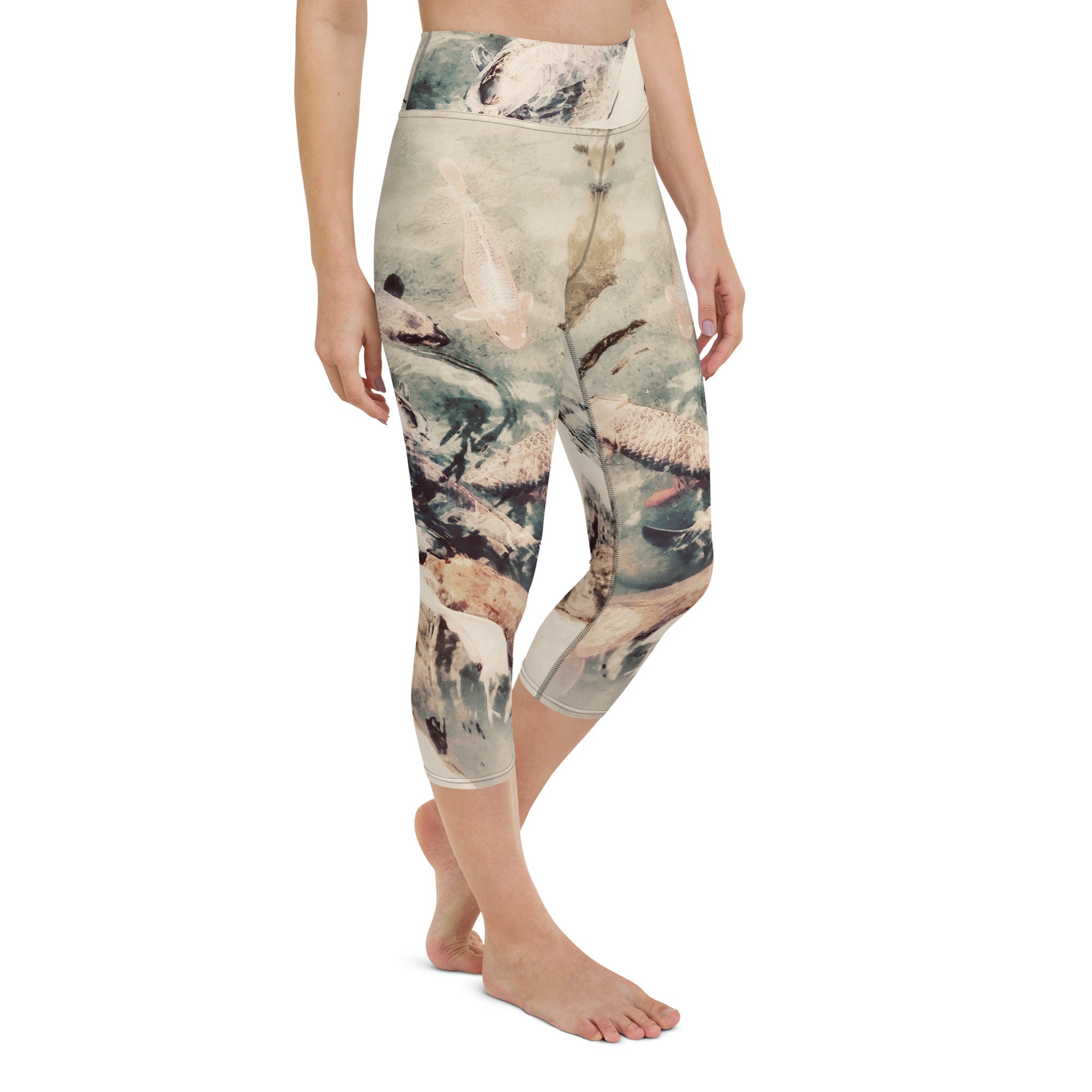 Yoga Capri Leggings Beige Koi Fish for Yoga, Workout, Paddleboard, Walking  or Lounging Curated for Comfort 