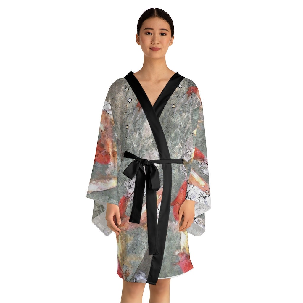 Kimono Robe Koi Fish Design Bell Sleeves Designer Kimono Robe Gift voor haar Kleding Gender-neutrale kleding volwassenen Pyjamas & Badjassen Jurken Aquarel Grijs en Oranje Koi Vis Unieke Gift 