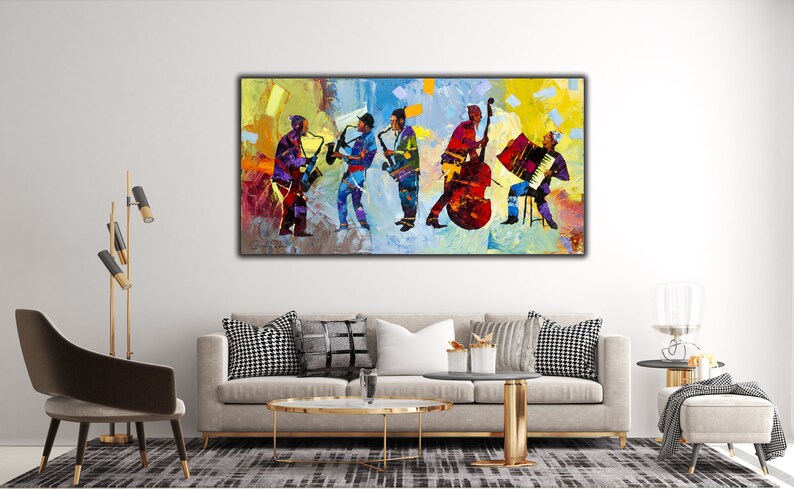 Jewish Wall Art, Musicians, Abstract Colorful Canvas Rolled Print, Palette Knife Art, Contemporary Design, Israeli Artist Gadi Dadon zdjęcie 4