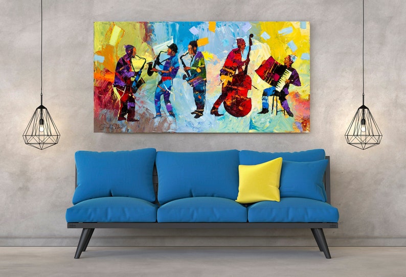 Jewish Wall Art, Musicians, Abstract Colorful Canvas Rolled Print, Palette Knife Art, Contemporary Design, Israeli Artist Gadi Dadon zdjęcie 2