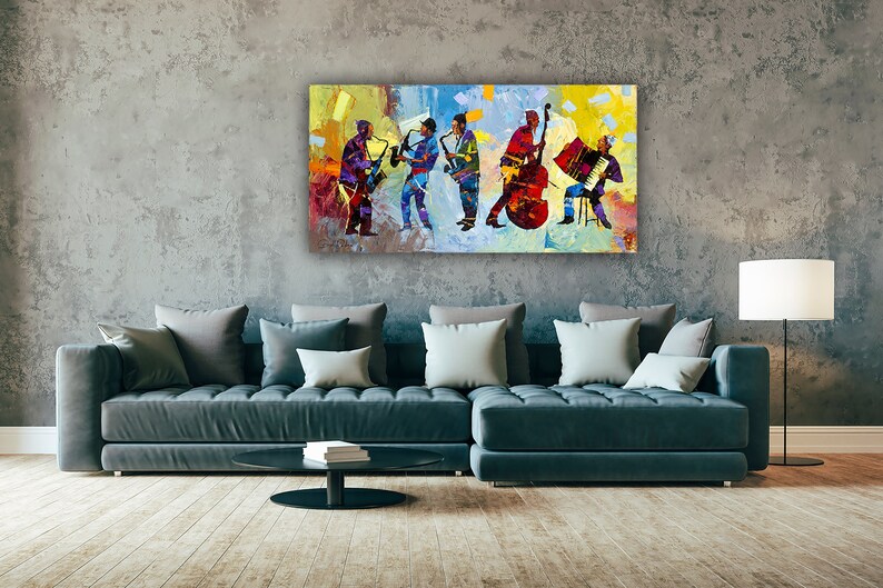 Jewish Wall Art, Musicians, Abstract Colorful Canvas Rolled Print, Palette Knife Art, Contemporary Design, Israeli Artist Gadi Dadon zdjęcie 3