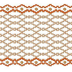 以下が含まれることがあります： 赤色の縁取りのある茶色と白の幾何学模様。模様は小さな正方形とひし形で構成されています。