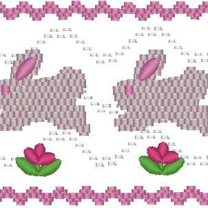 May include: A white background with a pink border and four pink bunnies with pink flowers. The bunnies are in a row and have pink ears and noses.