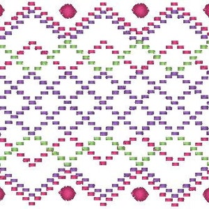 Op de afbeelding: Een herhalend patroon van roze, groene en paarse vierkanten en cirkels op een witte achtergrond. Het patroon is symmetrisch en creëert een geometrisch ontwerp.