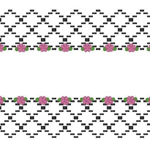 May include: Two black and white checkered borders with pink flowers along the top and bottom.