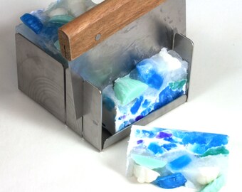 Stainless Steel Soap Mitre Box Miter box w/2 Slots for 1" & 2" Cuts. 5" x 4 3/4" x 3" high w/lip. Includes Soap Cutter (Mitre1)