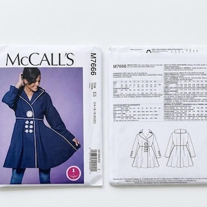 May include: McCall's M7666 sewing pattern envelope for a navy blue coat with white piping, a flared skirt, and double-breasted button details. The front shows a model wearing the coat, while the back displays technical line drawings and sizing charts.
