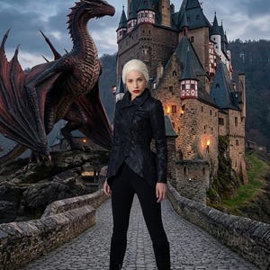 May include: A person with short platinum blonde hair wearing a black textured jacket, black trousers, and black boots standing on a stone bridge. A large, dark, winged dragon stands on a rocky ledge to the left, with a stone castle in the background.