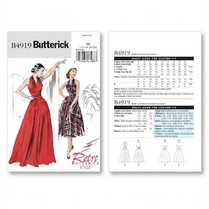May include: Butterick B4919 sewing pattern envelope featuring illustrations of two dresses, one floor-length red and one knee-length patterned. The back shows a multi-sized chart for custom fit, fabric requirements, and line drawings of views A and B.