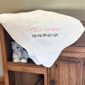 Custom Baby Keepsake Personalized Embroidered Blanket Quilted Cotton Fabric Floral Design Pattern Name Monogrammed Details Nursery Bedding Essential Newborn Present Idea Baby Shower Gift Heirloom Quality Construction Beautiful Fabric
