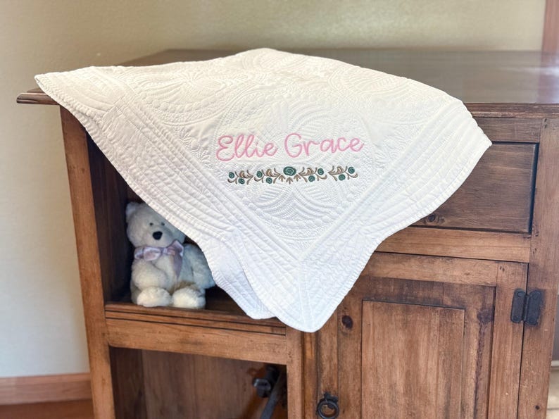 Custom Baby Keepsake Personalized Embroidered Blanket Quilted Cotton Fabric Floral Design Pattern Name Monogrammed Details Nursery Bedding Essential Newborn Present Idea Baby Shower Gift Heirloom Quality Construction Beautiful Fabric