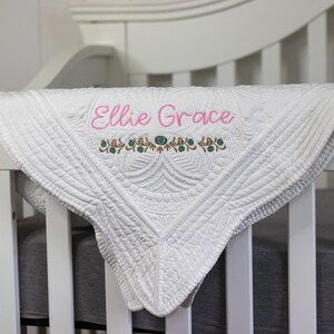 Personalized Baby Blanket Custom Embroidered Name Quilt Baby Shower Gift Idea Floral Design Keepsake Cotton Quilted Fabric Nursery Bedding Essential Newborn Present Heirloom Quality Infant Coverlet Monogrammed Fabric Special Occasion Gift